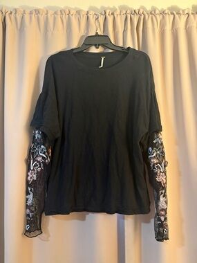 Free People Black Tee with Embroidered Sheer Floral Sleeves